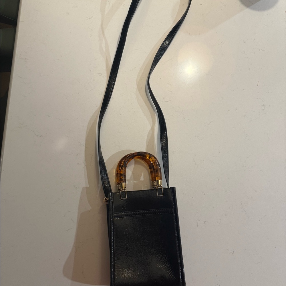 Anthropologie Mini Black Leather Bag with Tortoise Handles